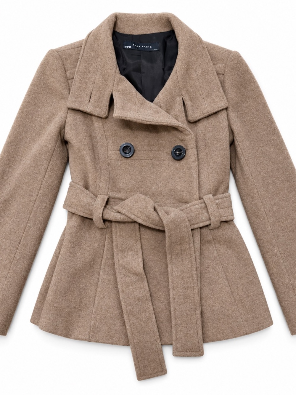 Zara Basic XS Camel Belted Double-Breasted Peacoat Jacket